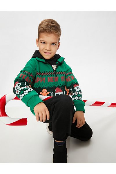 Koton High Collar Half Zipper Sweatshirt New Year Themed Skull Printed