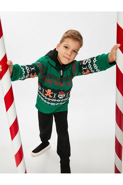 Koton New Year Themed Sweatshirt Stand Collar Half Zipper Printed Ribbon