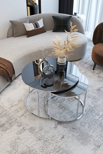 Puklife Yavrulu Orta Sehpa Gümüş Renk Metal Füme Ayna