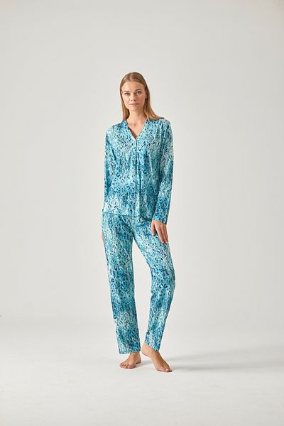 Pamuk & Pamuk TURQUOISE LEOPARD PATTERN FRONT BUTTONED PAJAMAS SET