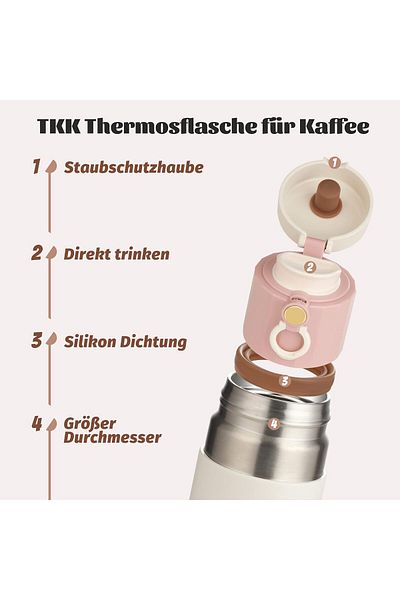 Vagonlife TKK Thermos Mug T-2007 - 450 ml Pink, Stainless Steel, Double Walled and Insulated