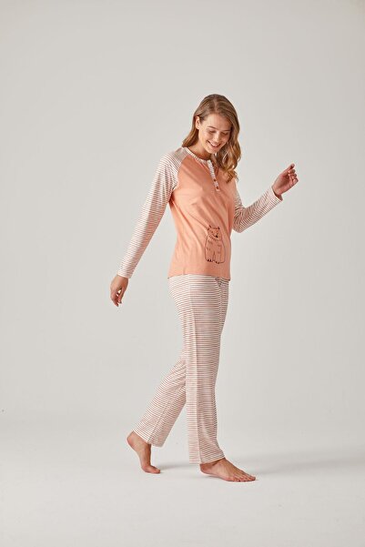 Pamuk & Pamuk Turuncu Çizgili Raglan Kol Baskılı Modal Pamuk Kadın Pijama Takımı