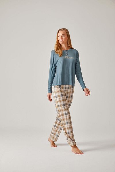 Pamuk & Pamuk Green Plaid Printed Women's Pajamas Set - Crew Neck, Modal Cotton Trousers