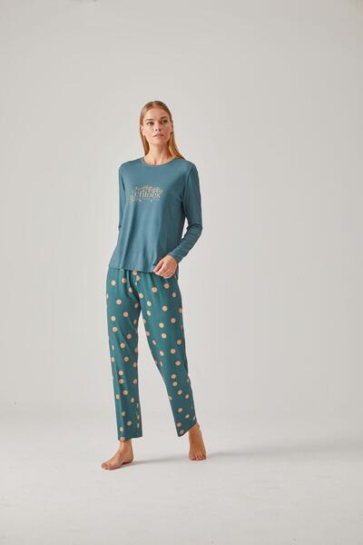 Pamuk & Pamuk Yeşil Baskılı Tişört Puantiye Pantolon Viskon Kadın Pijama Takımı
