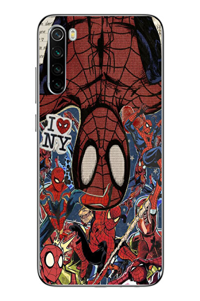 Magic Ring Redmi Note 8 Uyumlu Spiderman Kolaj Desenli Şeffaf Telefon Kılıfı