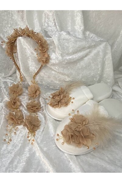 ecrin tuhafiye hobi İncili & Çiçekli Lohusa Terlik Taç Seti