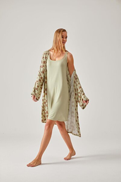 Pamuk & Pamuk Γυναικεία ρόμπα Viscose - Πράσινο Φιστίκι με λουλουδάτο μοτίβο