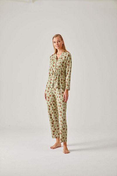 Pamuk & Pamuk Viscose Women's Pajama Set - Pistachio Green Floral Pattern, Waist-Tied