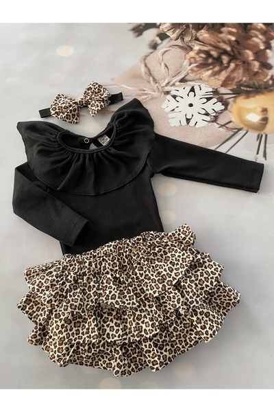 Mini Kids Baby Baby Girl Frilled Collar Long Sleeve Ribbed Bodysuit and Leopa...