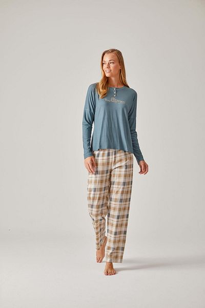 Pamuk & Pamuk Green Plaid Printed Women's Pajamas Set - Crew Neck, Modal Cotton Trousers