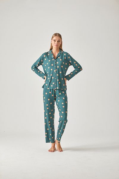 Pamuk & Pamuk GREEN DOT PATTERNED BUTTONED PAJAMAS SET