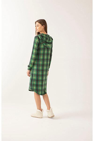 Pamuk & Pamuk Πράσινο καρό γυναικείο νυχτικό με κουκούλα