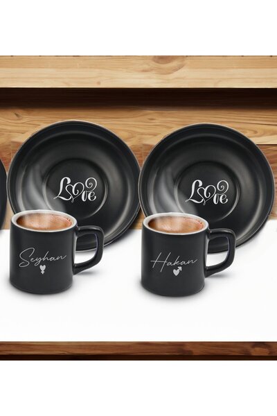 Bk Gift Sevgililere Özel İsimli Siyah Renk İkili Türk Kahvesi Fincanı-8, Sevg...