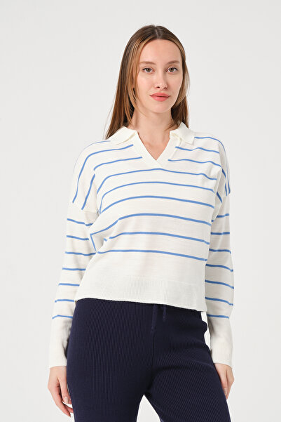 PUNKY CAT Жіночий синій светр з поло-коміром у смужку