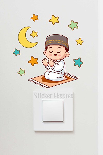 Sticker Ekspres Namaz Kılan Erkek Çocuk Hilal Ve Yıldızlar R4 Ramazan Priz Üs...