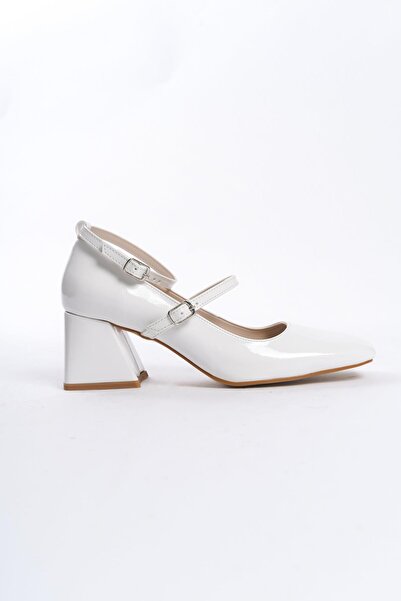 Modabuymus Pantofi Mary Jane din piele lăcuită albă Kulia, cu toc gros, cu curea tocită