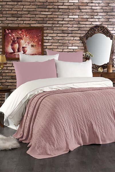 Luvana Home Feris 7 Piece Cotton Knitwear Blanket Double Duvet Cover Set Powder