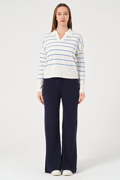 PUNKY CAT Жіночий синій светр з поло-коміром у смужку