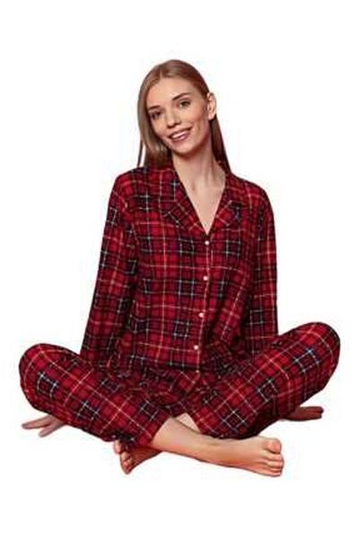 Manolya Set de pijamale din piele intoarsa cu maneca lunga, guler de camasa pentru femei