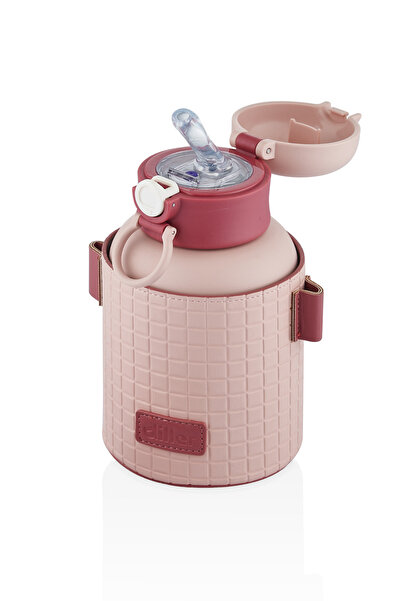 DILLER 680 مل حافظة جلدية مخططة على شكل وافل وحزام من القش وغطاء قابل للقفل قارورة ترمس فولاذية