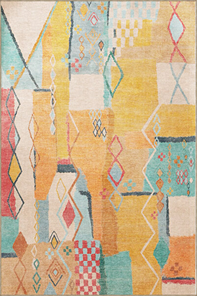 Rugs Modern Halı Çok Renkli Karma Motifli Geometrik Desenli Saçaklı Vintage D...