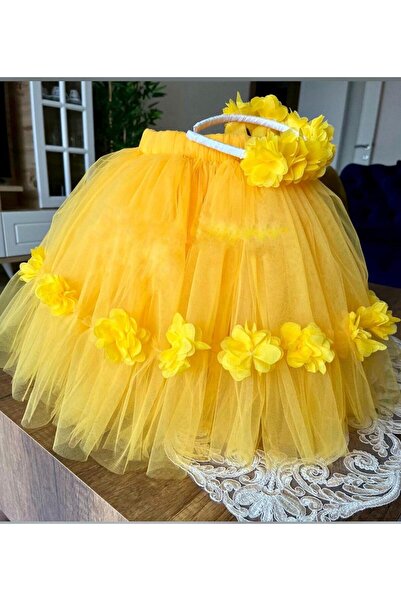 shopland 3D Flower Detailed Yellow Tutu Skirt and Crown Set