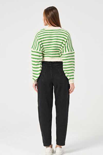 PUNKY CAT Жіночий зелений светр з смужками, з круглим вирізом, з товстої в'язки