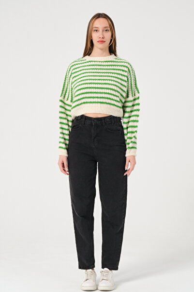 PUNKY CAT Жіночий зелений светр з смужками, з круглим вирізом, з товстої в'язки