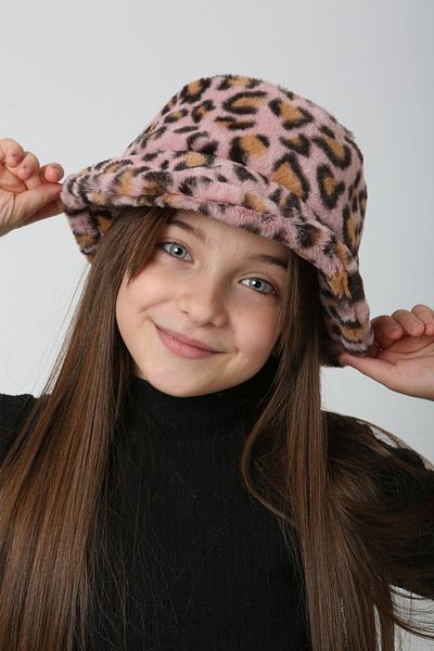 Kapin Kids Fur Plush Bucket Bucket Round Hat - Pink Leopard