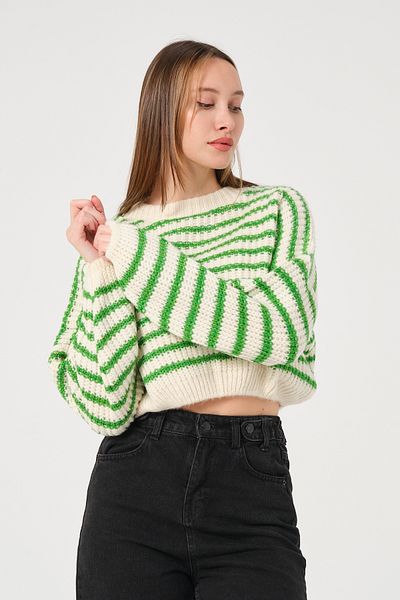 PUNKY CAT Pulover de damă, verde, ecru, cu dungi, cu gâtul turn, tricotat gros