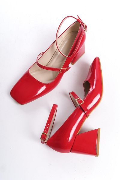 Modabuymus Παπούτσια με λουράκι Kulia Red λουστρίνι Mary Jane με χοντρό τακούνι