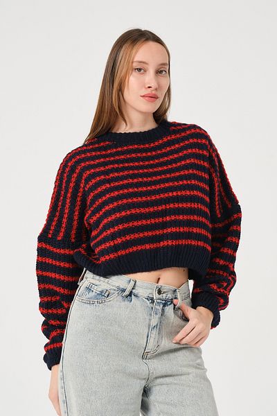PUNKY CAT Pulover de damă, albastru bleumarin, roșu, cu dungi, cu gâtul rotund, tricotat gros