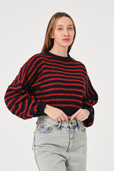 PUNKY CAT Жіночий синьо-червоний смугастий светр з велосипедним коміром, грубої в'язки
