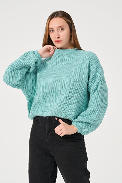 PUNKY CAT Women's Aqua Green Crew Neck Thick Knit Sweater