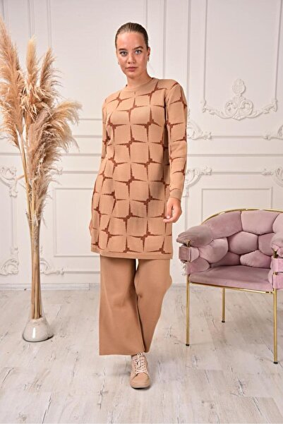 FATELLA Pulover tricotat lung pentru femei, cu decolteu rotund, cu model prop...