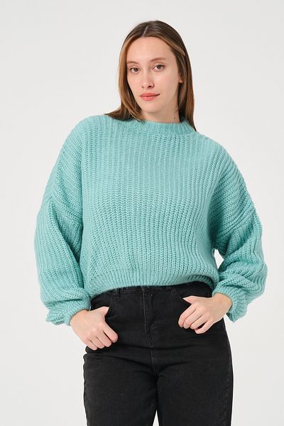 PUNKY CAT Pulover de damă, verde apă, cu gâtul turn, tricotat gros