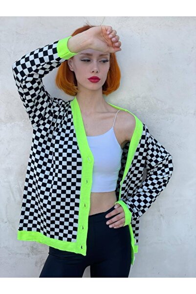 TMD AKSESUAR Neon Green Striped Checkered Knitwear Cardigan