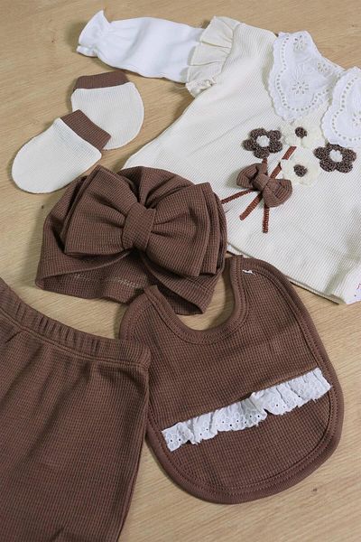 Sitilin Baby Girl Brown 5-Piece Scalloped Lace Luxury Hospital Discharge Set STL6472