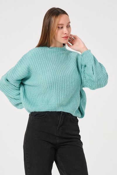 PUNKY CAT Pulover de damă, verde apă, cu gâtul turn, tricotat gros