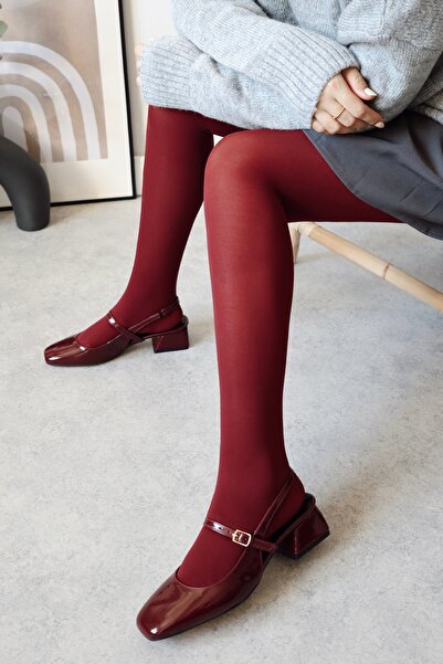 POLKA STORE Kadın Audrey Bordo Rugan Arkası Açık Kare Burunlu Baretli Kısa Blok Topuklu Cherry Red Ayakkabı