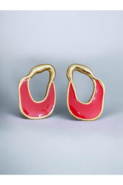 İlraysa Asimetrik Kırmızı Mineli Altın Renk Küpe
