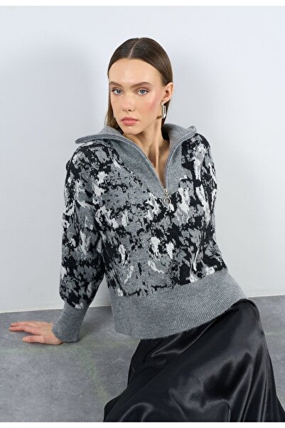 Myrum butik Gri Siyah Simli Yarım Fermuarlı Premium Kazak