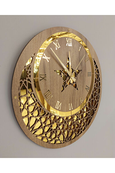 aswood Ay Yıldız Desenli Roma Rakamlı Ahşap ve Gold Pleksi Vıp Modern Duvar S...