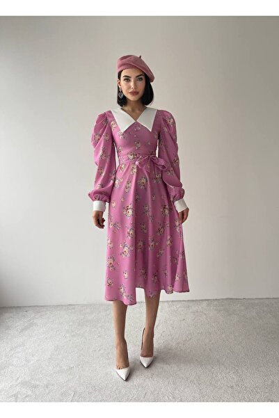 SONREİR فستان طويل برقبة مدببة وطبعة زهور