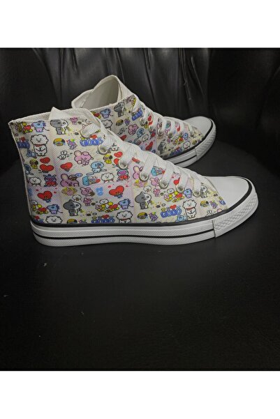 TREND Bts Good Baskılı Kadın Canvas Ayakkabı Convers Bot Bilekli Uzun Convers