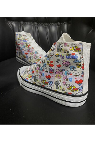 TREND Bts Good Baskılı Kadın Canvas Ayakkabı Convers Bot Bilekli Uzun Convers