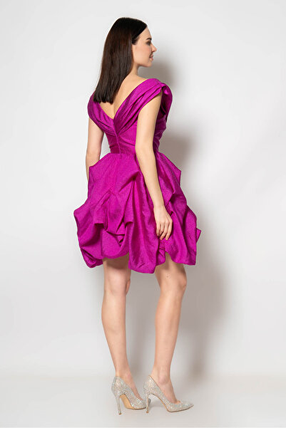 RENGIN Göğüsten omzuna pileli balon etekli organze abiye elbise