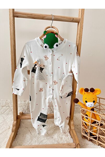 Yupera Bebek Şapkalı Patikli Ördek Desenli Tulum %100 Pamuk Unisex