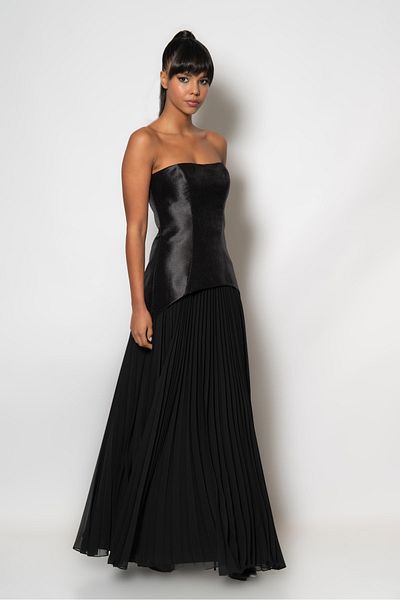 RENGIN Strapless Chiffon Evening Dress - Dress with Top Bodice and Six Pleats
