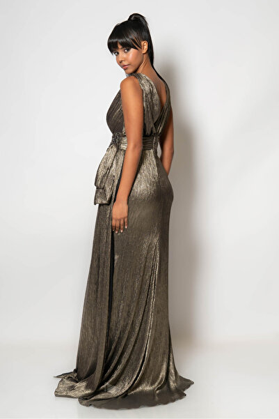 RENGIN Belden parça detaylı aksesuarlı simli şifon abiye elbise